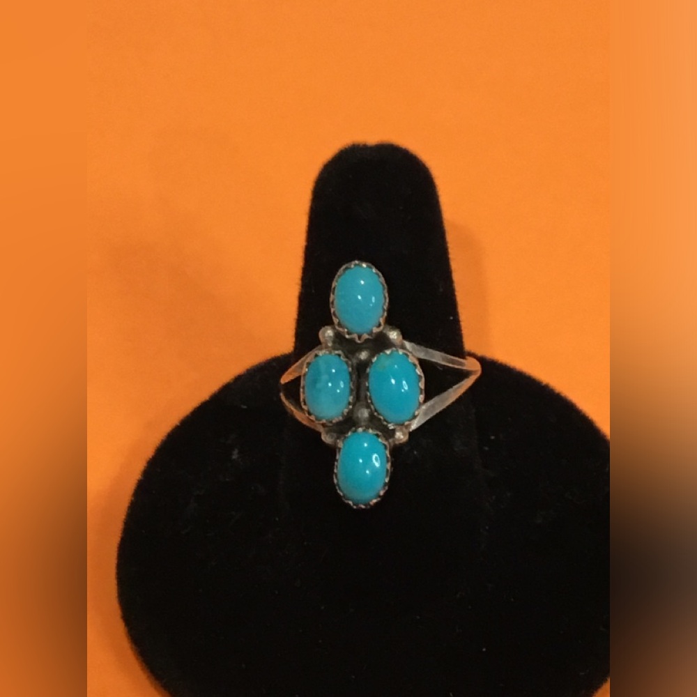 Vintage Native American 925 Sterling Silver Ring 4 Oval Turquoise Stones